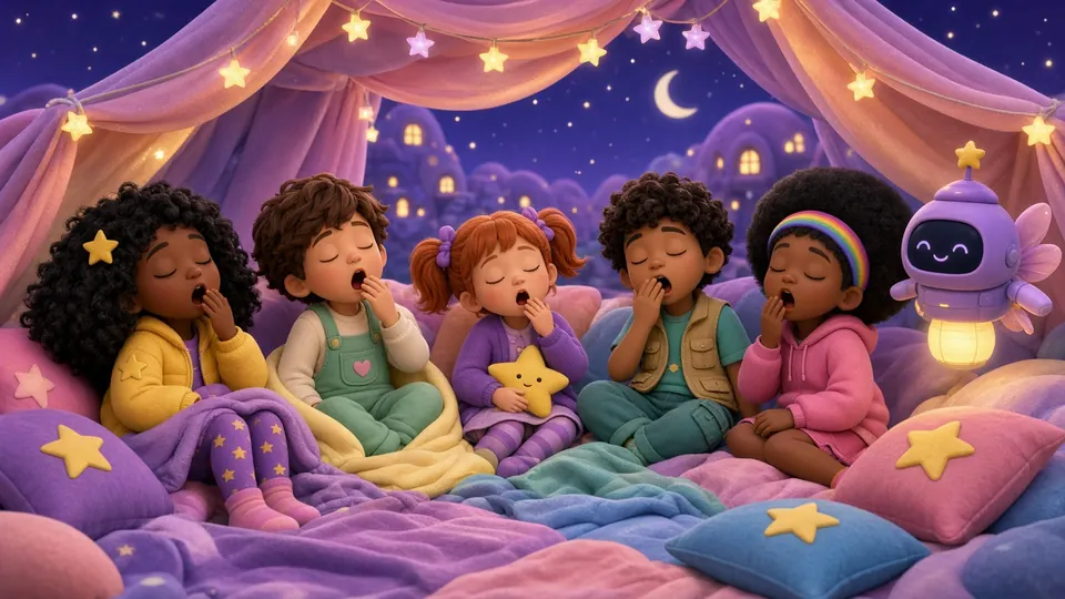 The five friends yawn sleepily in a cosy blanket fort while Blink glows softly beside them