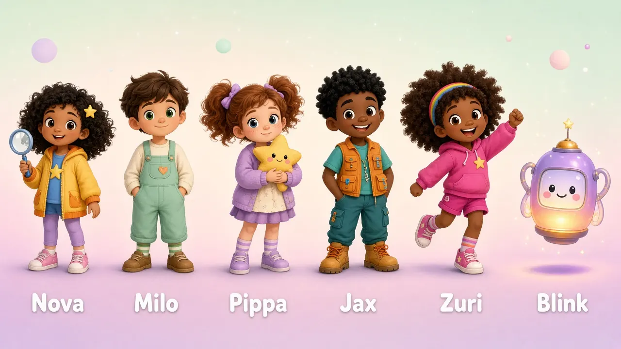 The StarCanvas Kids cast standing in a row: Nova, Milo, Pippa, Jax, Zuri and Blink the robot lantern