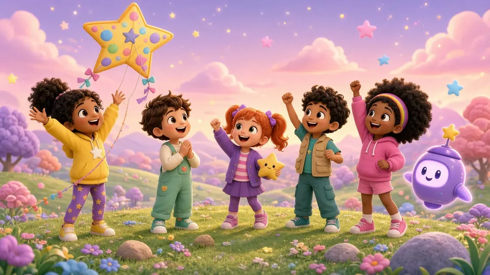 Nova flies a star-shaped kite while her friends cheer in a flower meadow
