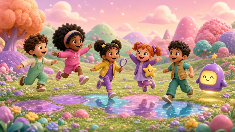 Nova, Milo, Pippa, Jax and Zuri bounce happily across a glowing meadow on Planet Pip while Blink the robot lantern floats beside them