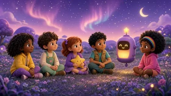 Nova, Milo, Pippa, Jax and Zuri sit with Blink under a starry sky