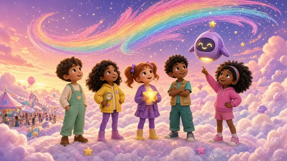 The friends gaze up at a swirling rainbow in the sky above Planet Pip as Blink floats beside them